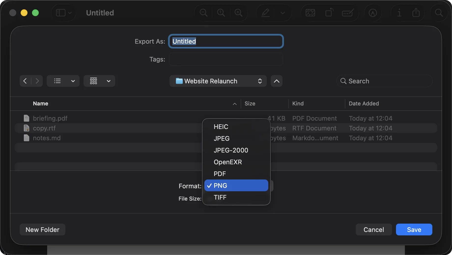 Preview’s Export sheet with the Format menu open: HEIC, JPEG, JPEG-2000, OpenEXR, PDF, PNG, TIFF. No WebP.