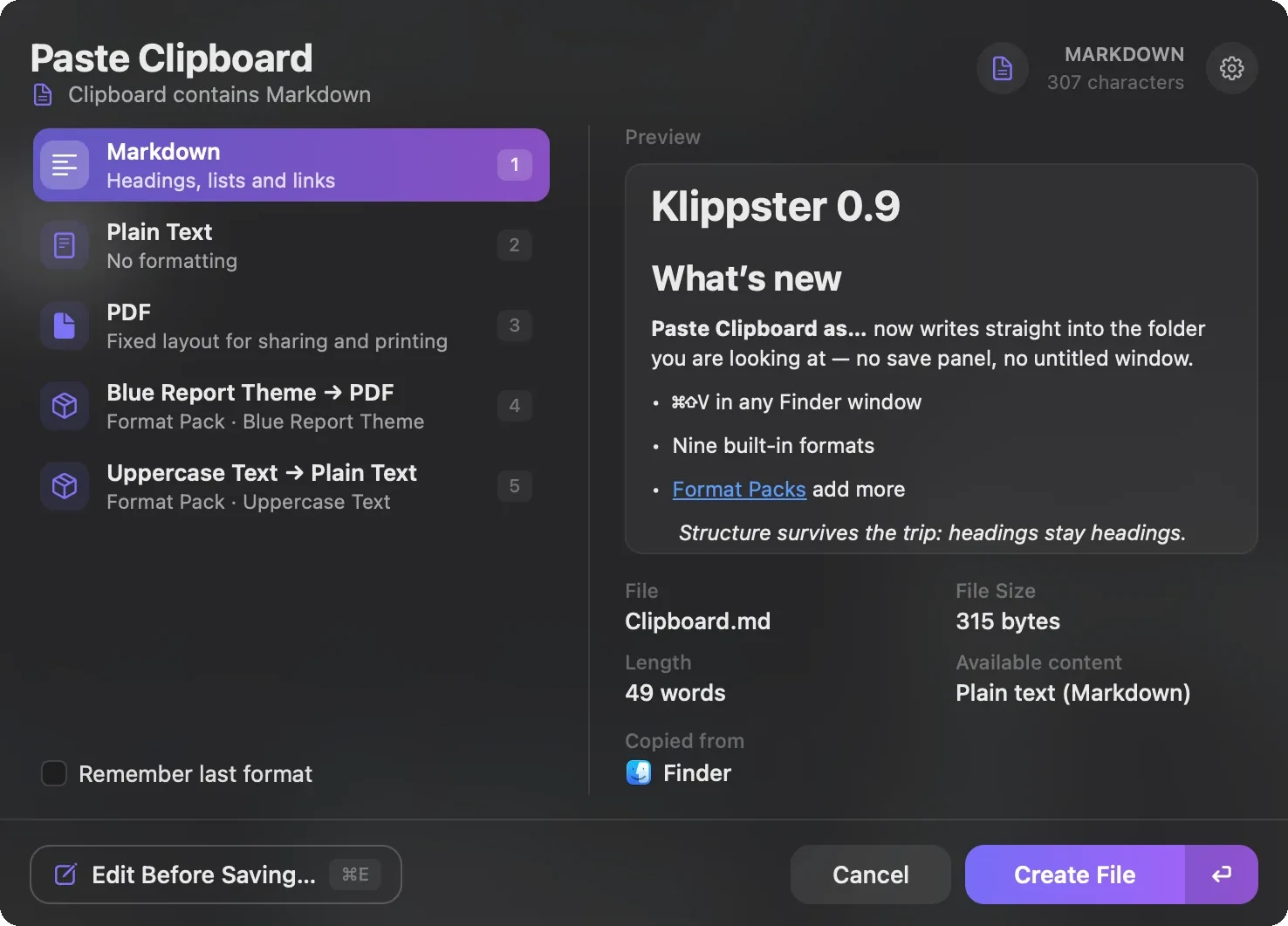 Klippster’s Paste Clipboard panel with the Markdown already rendered in its preview: headings, bullets, a link.