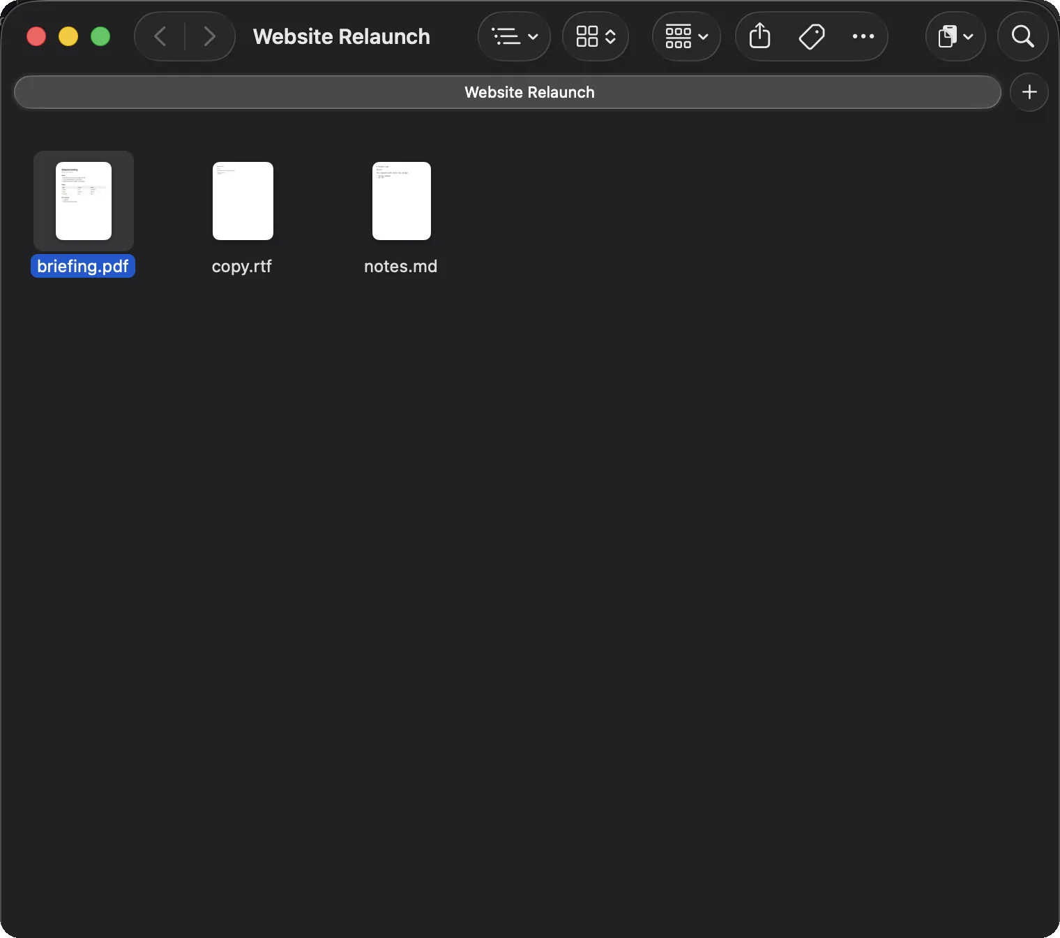 Finder with briefing.pdf selected in the Website Relaunch folder.
