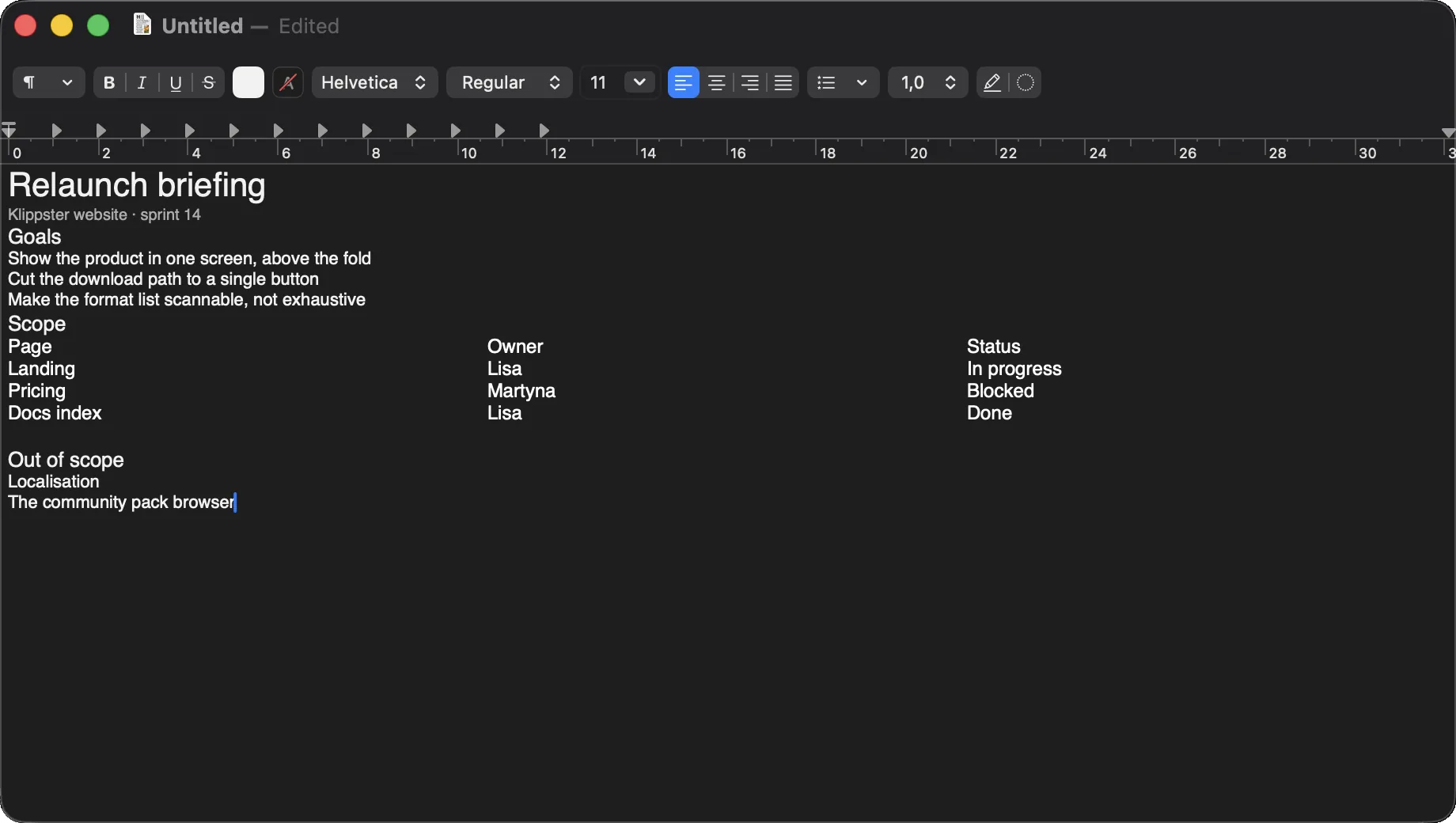 The same text pasted into TextEdit — the table’s columns have come apart from their rows.